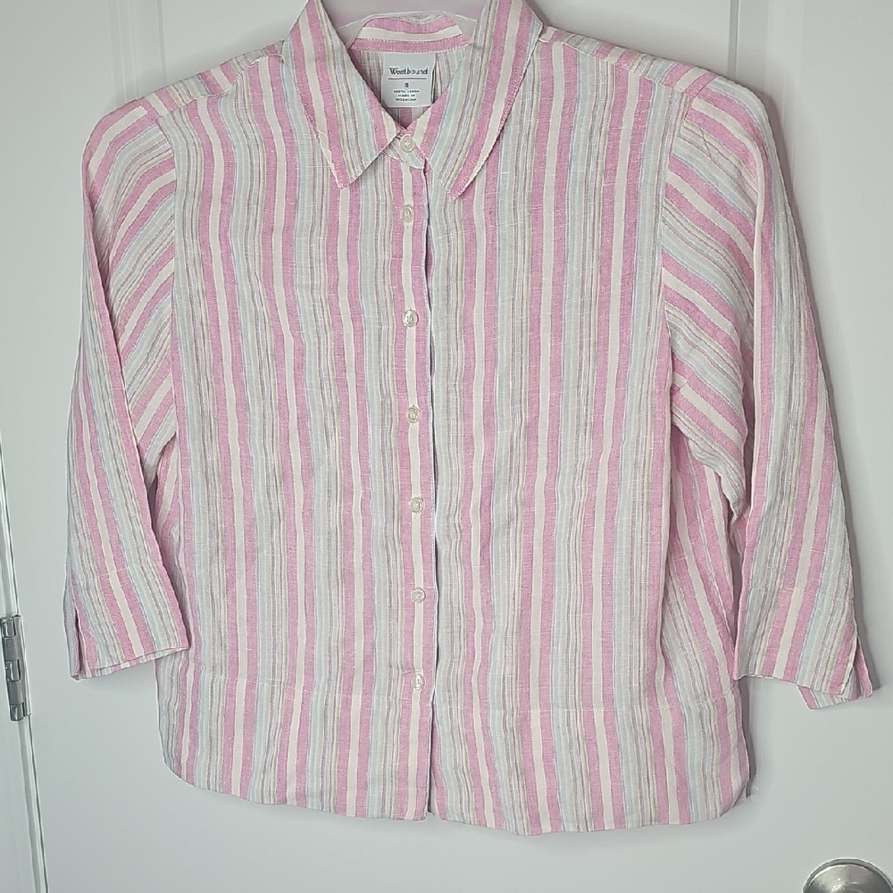 Westbound Women's Pink and White Striped Button Down Shirt 3/4 Sleeve Size S